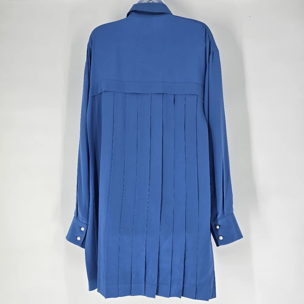Chanel Blue Pleated Silk Shirt Pearl Buttons Size 46 US 10